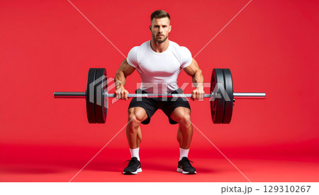 Muscular man white shirt and black shorts performing barbell squat with heavy weights red background, showing strength 129310267