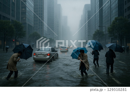 災害、豪雨、浸水、街 129310281