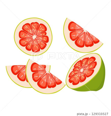 Vector illustration green and yellow pomelo in cartoon flat style. Pomelo orange tropical fruit isolated on white background, fresh food for diet, agricultural product, gardening farm 129310327