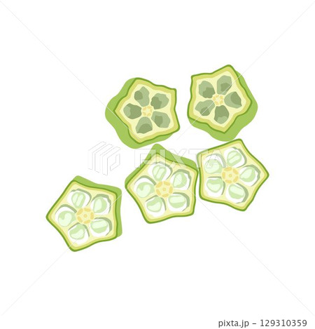 Vecktor illustration of Okra, Okura Okazu, ladyfinger, bamia or Bhindi. Fresh green vegetable, asian cooking ingredient. Whole and sclice. Healthy vegetarian food. Flat vector in cartoon style. Vecktor illustration of Okra, Okura Okazu, ladyfinger, bamia or Bhindi. Fresh green vegetable, asian cooking ingredient. Whole and sclice. Healthy vegetarian food. Flat vector in cartoon style. 129310359