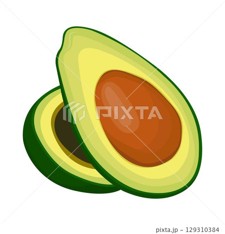 Vector illustration of avocado healthy fruit. Bright green whole fruit or vegetables, half, slices, with a large seed. Food for a healthy diet. 129310384