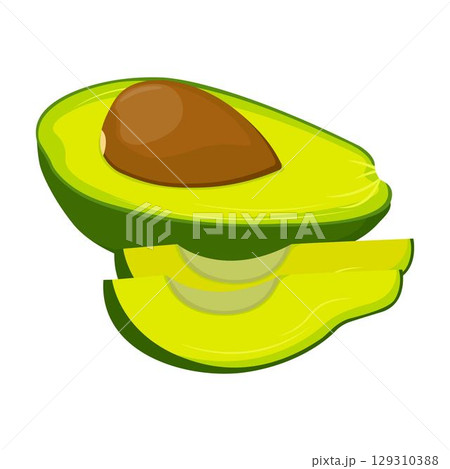 Vector illustration of avocado healthy fruit. Bright green whole fruit or vegetables, half, slices, with a large seed. Food for a healthy diet. 129310388