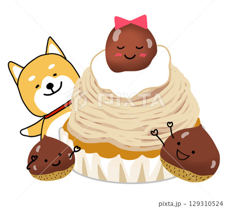 モンブランになった栗を見て喜んでいる栗としばいぬ モンブランになった栗を見て喜んでいる栗としばいぬ 129310524