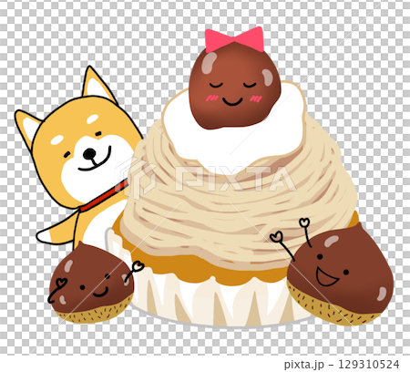 モンブランになった栗を見て喜んでいる栗としばいぬ モンブランになった栗を見て喜んでいる栗としばいぬ 129310524