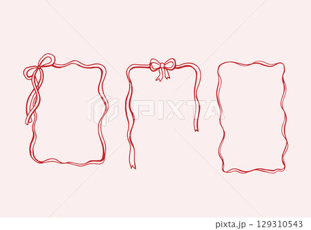 Whimsical red ribbon frames with bows. Hand Drawn borders for wedding invitation, holiday greetings, birthday card 129310543