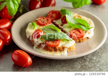Hot open sandwiches with mozzarella, tomatoes and basil. Hot open sandwiches with mozzarella, tomatoes and basil. 129310740