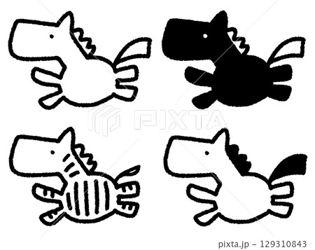 手描きのかわいい線画の走る4匹の馬のセット 2026 シマウマ・黒馬・白馬 手描きのかわいい線画の走る4匹の馬のセット 2026 シマウマ・黒馬・白馬 129310843