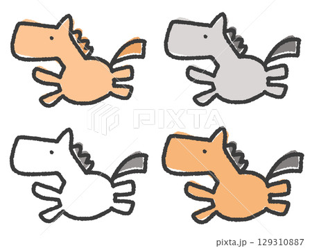 手描きのかわいい走る4匹の馬のセット 2026 正月素材・茶色・白馬・芦