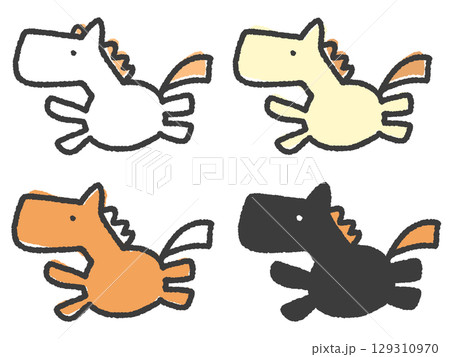 手描きのかわいい走る4匹の馬のセット 2026 白馬・茶色・黒・クリーム色 手描きのかわいい走る4匹の馬のセット 2026 白馬・茶色・黒・クリーム色 129310970