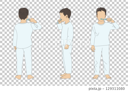 Illustration of a boy brushing his teeth (front, side, back) / pajamas, faceless person 129311080