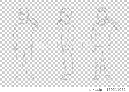 Illustration of a boy brushing his teeth (front, side, back) / Pajama-wearing, faceless, line drawing 129311081