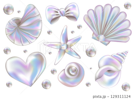 3d Pearl Seashell sticker set in Y2K style. Three-dimensional Pearl, SeaShells, Bow and Heart. Holographic retro icons, realistic vector illustration isolated on white background. 129311124