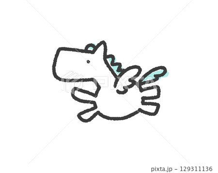 手描きのかわいいパステルカラーと白の飛ぶペガサス　2026 正月素材 129311136