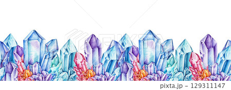 Crystal seamless border decor ornamental element watercolor illustration. Hand drawn vibrant rainbow color gemstone vintage style mineral horizontal decoration on white background 129311147