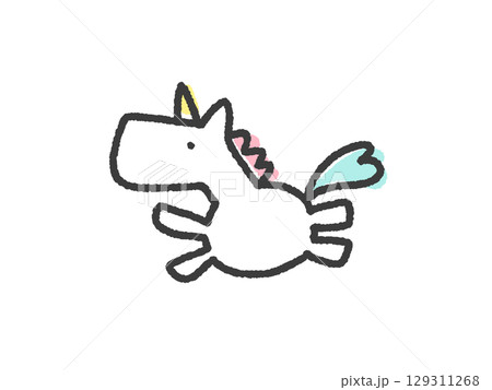 手描きのかわいいパステルカラーと白の走るユニコーン　2026 正月素材 129311268