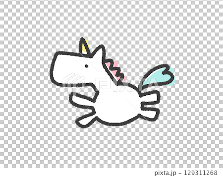 手描きのかわいいパステルカラーと白の走るユニコーン　2026 正月素材 129311268