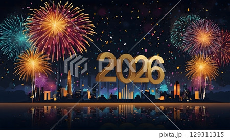 happy new year, new year's eve, silvester, new year, celebration greeting card Year 2026 in sparkler font and firework fireworks pyrotechnic, isolated on black night sky background happy new year, new year's eve, silvester, new year, celebration greeting card Year 2026 in sparkler font and firework fireworks pyrotechnic, isolated on black night sky background 129311315