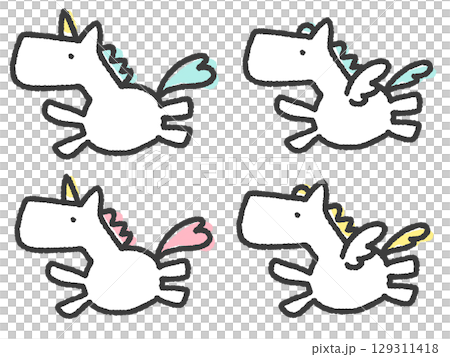 一組四隻可愛的手繪奔跑的飛馬和獨角獸 2026 年新年材料 一組四隻可愛的手繪奔跑的飛馬和獨角獸 2026 年新年材料 129311418