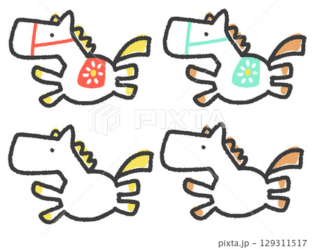 正月 馬 イラスト 手描き オリジナル 創作 原画 手描きのカラフルでかわいい4匹の走る馬セット 2026 正月素材・馬具