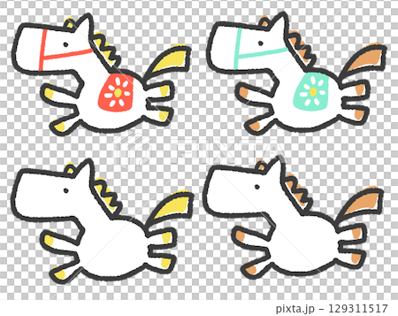 Set of four cute, colorful, hand-drawn running horses. 2026 New Year's materials, horse equipment, toys, for children. Set of four cute, colorful, hand-drawn running horses. 2026 New Year's materials, horse equipment, toys, for children. 129311517