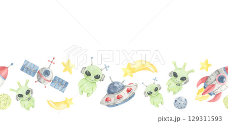Green aliens, yellow stars, red blue UFOs, and gray space elements arranged in a seamless border watercolor illustration. Use for science fair printables, STEM posters, or themed planner pages Green aliens, yellow stars, red blue UFOs, and gray space elements arranged in a seamless border watercolor illustration. Use for science fair printables, STEM posters, or themed planner pages 129311593