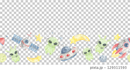 Green aliens, yellow stars, red blue UFOs, and gray space elements arranged in a seamless border watercolor illustration. Use for science fair printables, STEM posters, or themed planner pages 129311593