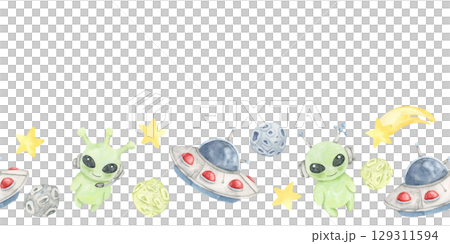 Green aliens, gray planets, red blue UFOs, and stars feature in this seamless border watercolor illustration. Designed for party stationery, book covers, or sci-fi-themed web design 129311594