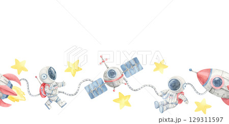 Gray satellites, red rockets, yellow stars, and robots arranged in a seamless border watercolor clipart. Perfect for space-themed party designs, planner dividers, and classroom decor 129311597