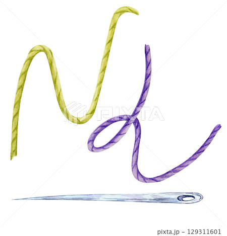 Watercolor illustration of green and purple thread with needle. Suitable for Halloween costume mockups, sewing clipart packs, magical planner stickers, and spellbook layouts 129311601