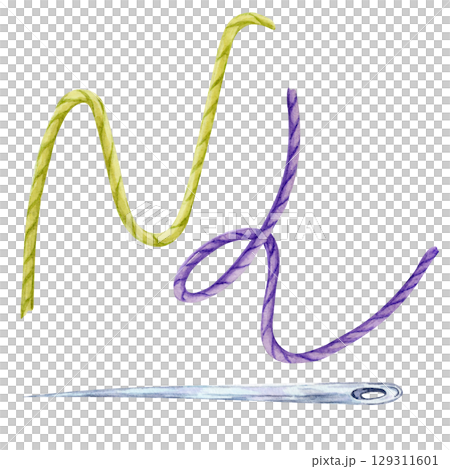 Watercolor illustration of green and purple thread with needle. Suitable for Halloween costume mockups, sewing clipart packs, magical planner stickers, and spellbook layouts 129311601
