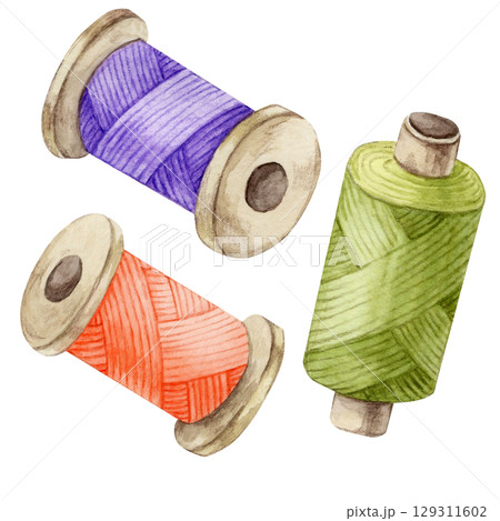 Spools of orange, purple, and green thread in watercolor clipart. Great for Halloween DIY crafts, spooky sewing illustrations, costume templates, or themed project pages 129311602