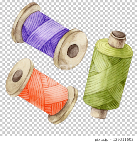 Spools of orange, purple, and green thread in watercolor clipart. Great for Halloween DIY crafts, spooky sewing illustrations, costume templates, or themed project pages 129311602