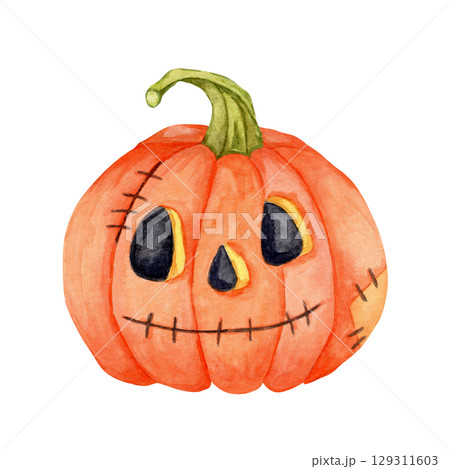 Cute orange pumpkin with curved stem in watercolor illustration. Perfect for fall greeting cards, Halloween icons, kids decor, sticker sets, and printable planner elements 129311603