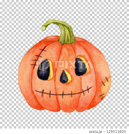 Cute orange pumpkin with curved stem in watercolor illustration. Perfect for fall greeting cards, Halloween icons, kids decor, sticker sets, and printable planner elements 129311603
