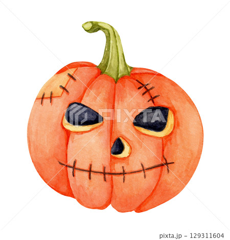 Orange pumpkin, jack-o-lantern with angry eyes painted in watercolor clipart. Ideal for spooky poster designs, October printables, trick-or-treat labels, and themed party supplies 129311604