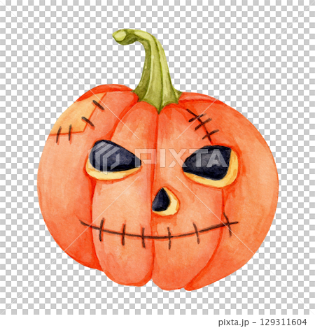 Orange pumpkin, jack-o-lantern with angry eyes painted in watercolor clipart. Ideal for spooky poster designs, October printables, trick-or-treat labels, and themed party supplies 129311604