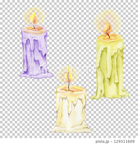 Set of green, beige, and purple candles in watercolor illustration. Suitable for magical scene creators, witchy sticker sets, Halloween invitations, and printable DIY kits 129311609