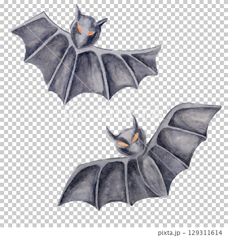Two flying black bats in watercolor clipart style. Ideal for Halloween card designs, haunted house flyers, digital scrapbooking, costume party printables, and themed decor items 129311614