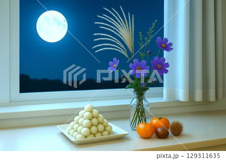 お月見・十五夜の団子と満月の風景　秋の風物詩を描いた素材 129311635