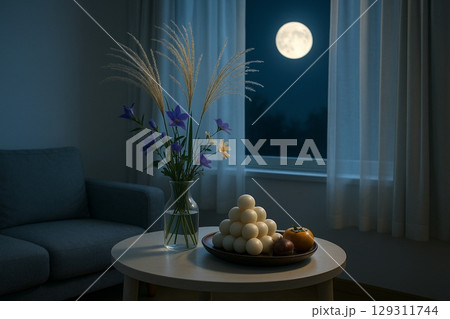 お月見・十五夜の団子と満月の風景　秋の風物詩を描いた素材 129311744
