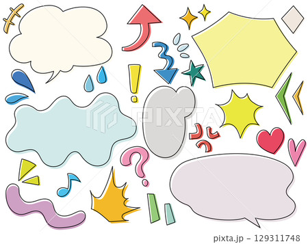 手書きのマンガ風の吹き出しとリアクションアイコンセット(線あり) 手書きのマンガ風の吹き出しとリアクションアイコンセット(線あり) 129311748