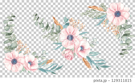 Watercolor Bouquets Set from Anemone and Eucalyptus with dry yellow Tansy and Spikelets of Wheat or Rye. Hand drawn floral compositions on a white background. For greeting birthday cards, wedding Watercolor Bouquets Set from Anemone and Eucalyptus with dry yellow Tansy and Spikelets of Wheat or Rye. Hand drawn floral compositions on a white background. For greeting birthday cards, wedding 129311815