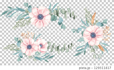 Set of Anemone and Eucalyptus Watercolor Bouquets with dry yellow Tansy and Spikelets of Wheat or Rye. Hand drawn floral compositions on a white background. For greeting birthday cards, wedding Set of Anemone and Eucalyptus Watercolor Bouquets with dry yellow Tansy and Spikelets of Wheat or Rye. Hand drawn floral compositions on a white background. For greeting birthday cards, wedding 129311817