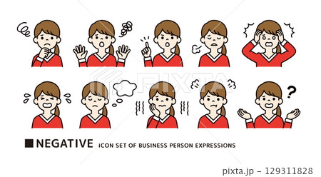 赤いセーターを着た若い女性の、ネガティブなポーズのアイコン素材セット_ベクター_カラー 赤いセーターを着た若い女性の、ネガティブなポーズのアイコン素材セット_ベクター_カラー 129311828