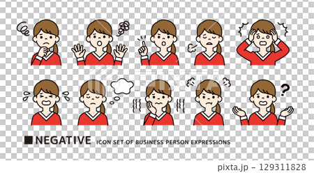 赤いセーターを着た若い女性の、ネガティブなポーズのアイコン素材セット_ベクター_カラー 赤いセーターを着た若い女性の、ネガティブなポーズのアイコン素材セット_ベクター_カラー 129311828