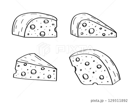Cheese with holes vector doodle illustration. Sketch set of pieces of maasdam cheese. Isolated on white background. 129311892