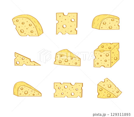 A set of pieces of cheese with holes. Vector illustration of dairy products cheeses. 129311893