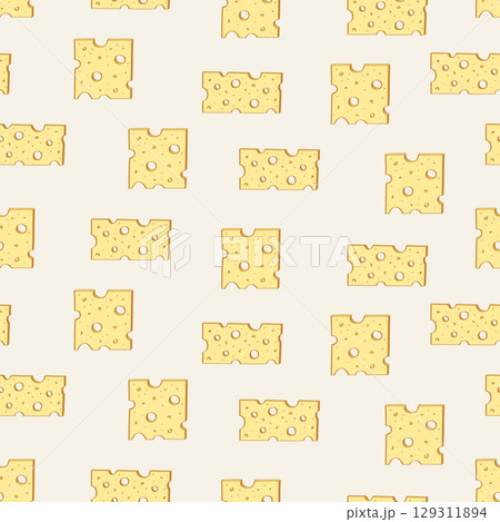 Cheese with holes vector background. Seamless pattern of yellow cheese pieces. The concept of dairy products. 129311894