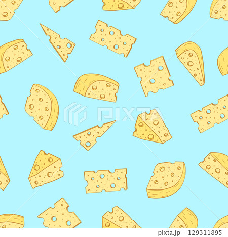 Cheese with holes vector background. Seamless pattern of yellow cheese pieces. The concept of dairy products. 129311895