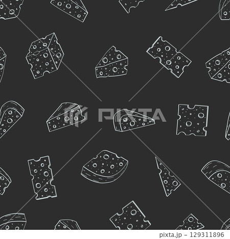 Seamless cheese pattern with holes. Background of dairy products. Vector illustration hand drawn sketch. 129311896